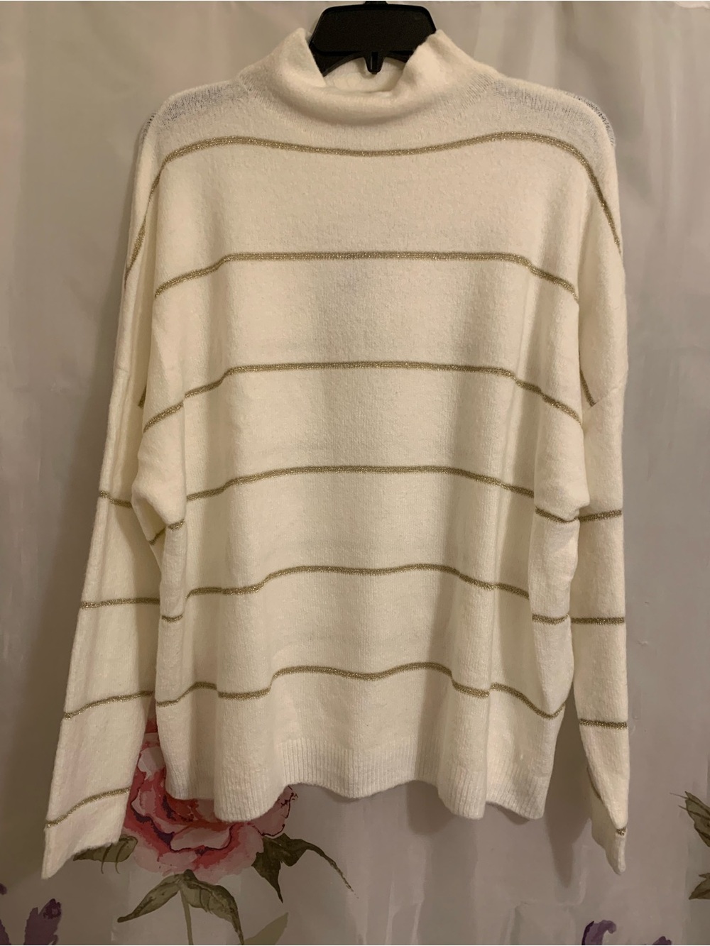 Kim Rogers Cream Mock Neck Sweater with Gold Stripes